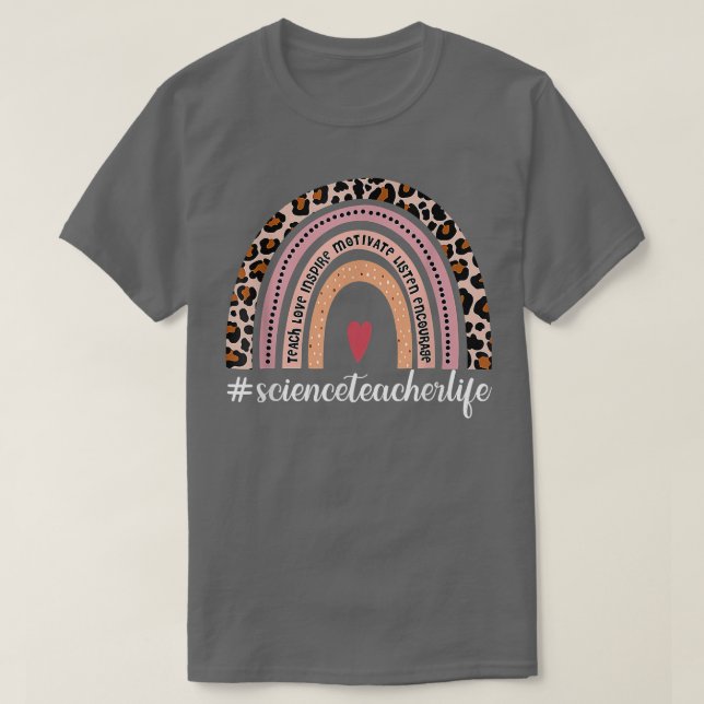Camiseta Professor de Ciência Life Leopard Rainbow Volta À  (Frente do Design)