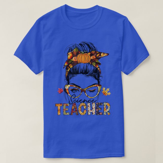 Camiseta Professor de Ciência Messy Bun Fall Vibes Obrigado (Frente do Design)