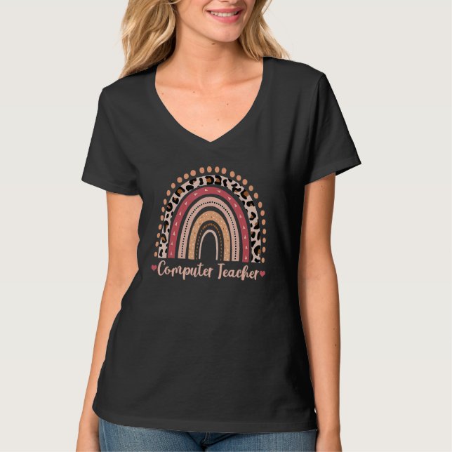 Camiseta Professor de Computação Leopard Rainbow Boho (Frente)