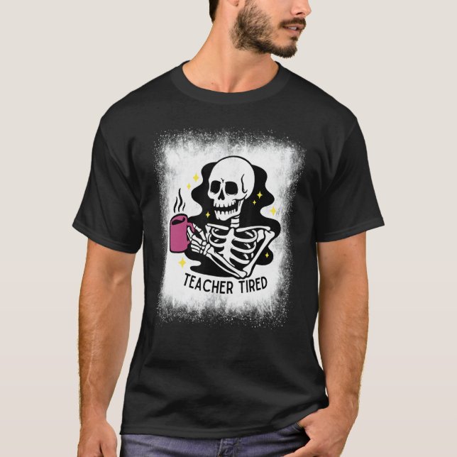 Camiseta Professor de Halloween Desbotado Esqueleto Cansado (Frente)