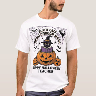 Camiseta Professor de Halloween Gato Vintage Abóbora Sala d
