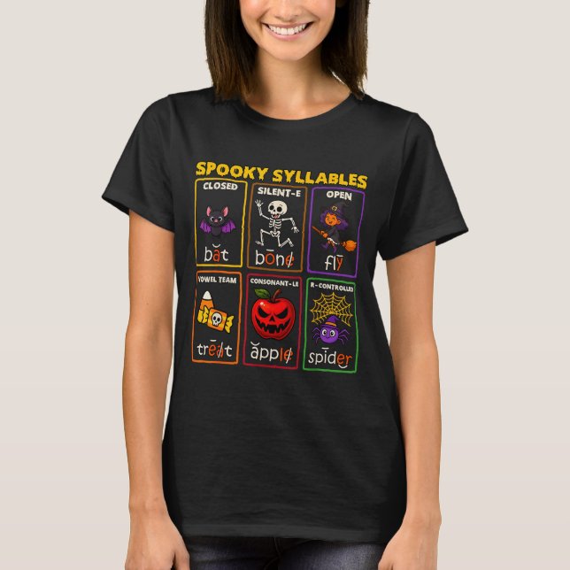 Camiseta Professor de Leitura de Halloween Sílabas Assustad (Frente)