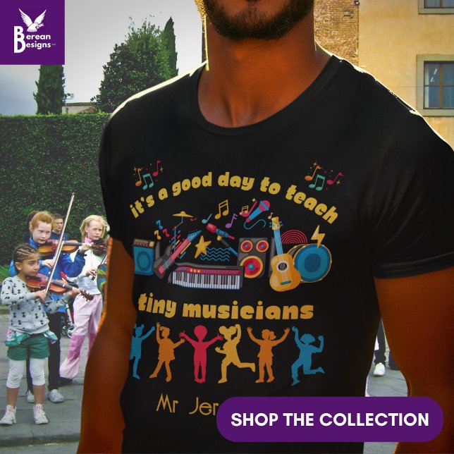Camiseta PROFESSOR DE MÚSICA Bom Dia para Ensinar Músicos P (Colorful MUSIC TEACHER shirt – It's a Good Day to Teach Tiny Musicians – Teacher Appreciation Gift.)