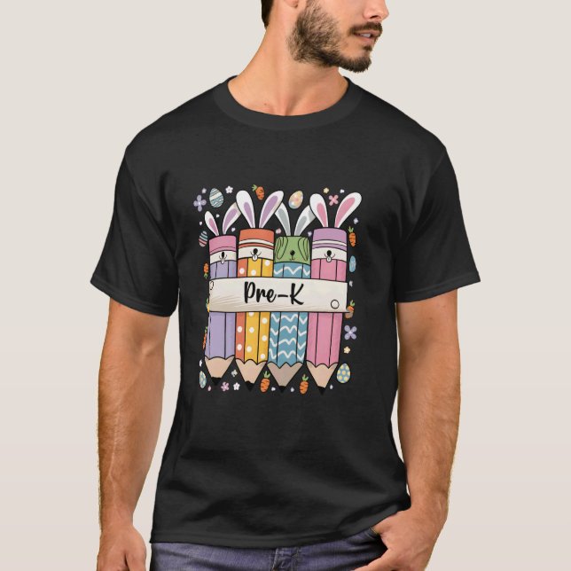 Camiseta Professor de Pré-K Groovy Coelho da Páscoa Ensinan (Frente)