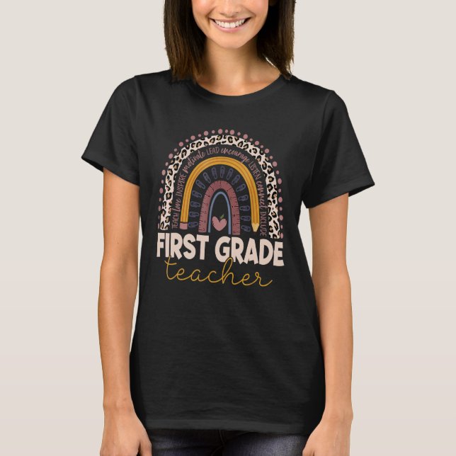 Camiseta Professor de primeiro grau Leopard Rainbow 1 Grau  (Frente)