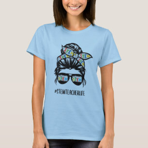 Camiseta Professor de STEM Mensagem Bun Life Hair Óculos D