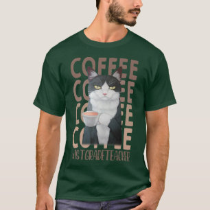 Camiseta Professor do 1º ano Gato Cansado Bebendo Café