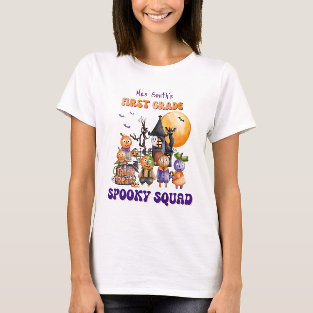 Camiseta professor do primeiro ano de Spooky Squad Hallowee (Frente)