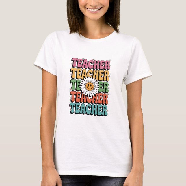 Camiseta Professor Groovy Flor de Margarida Fofo Estilo Ret (Frente)