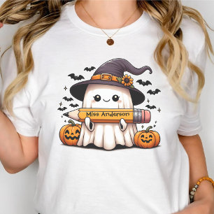 Camiseta Professor Halloween Fantasma Fofo Lápis com Nome