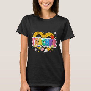 Camiseta Professor Retro Lápis Coração Colorido Groovy Esco
