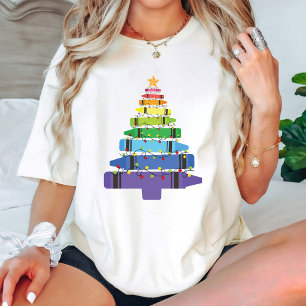 Camiseta Professora da Escola de Natal Tree Crayons com Luz
