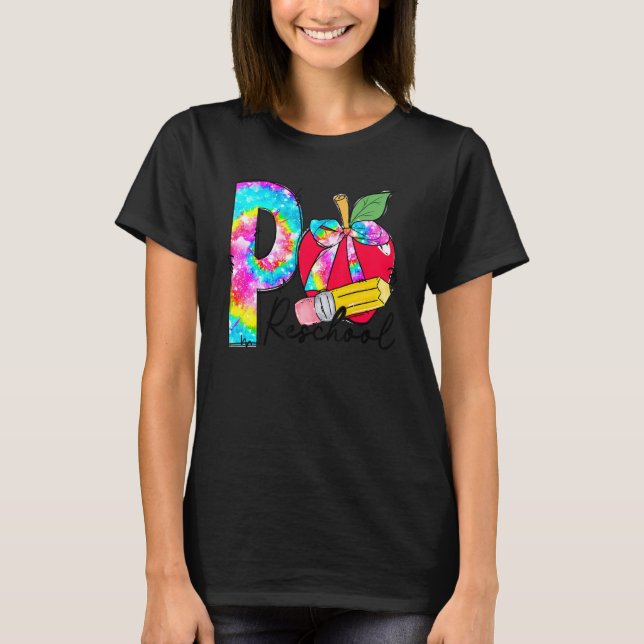 Camiseta Professora Da Pré-Escolas Tie Dye Apple De Volta À (Frente)