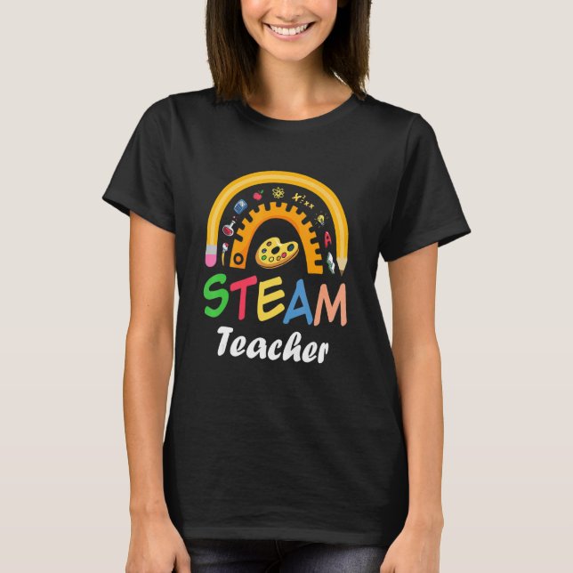 Camiseta Professora De Vapor De Volta Ao Arco-Íris Da Escol (Frente)
