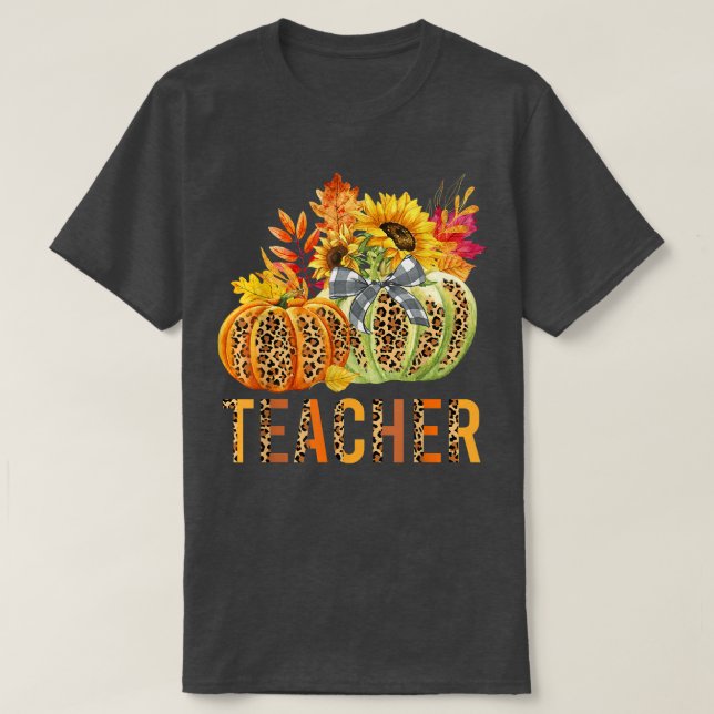 Camiseta Professora do Boho Leopard Pumpkins Queda Autumn T (Frente do Design)