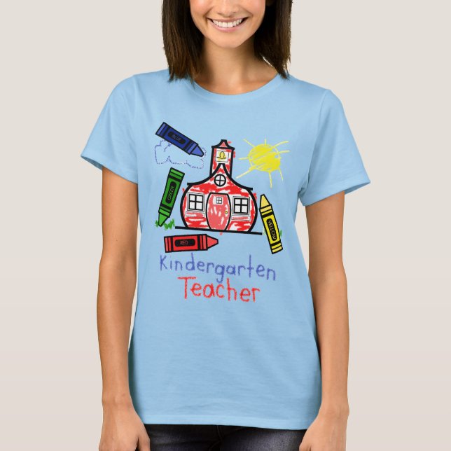Camiseta Professora do infantário T Shirt - Escola e Crayon (Frente)