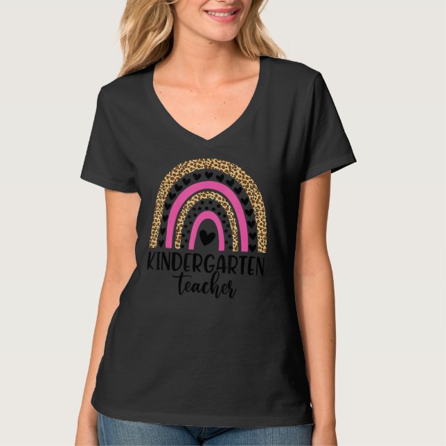 Camiseta Professora Do Jardim De Infância Leopard Arco-Íris (Frente)
