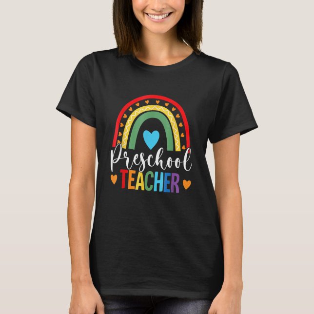 Camiseta Professora Pré-Escolar Arco-Íris De Volta À Pré-Es (Frente)