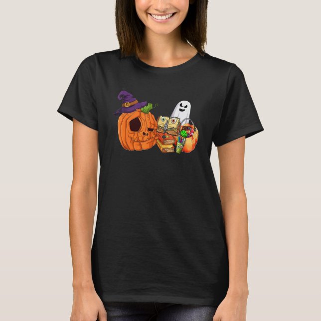 Camiseta Professora Pumpkin Wity Scary Book Canetas Fantasm (Frente)