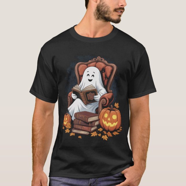 Camiseta Professores do Ghost Book Lendo Abóbora no Hallowe (Frente)