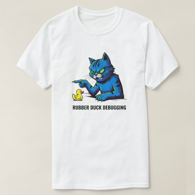Camiseta Programador Engraçado Gato Pato de Borracha Depura (Frente do Design)