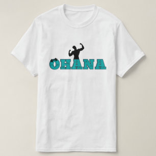 Camiseta projeto de ginástica de ohana com texto azul e roc