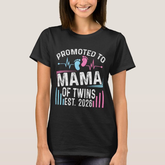 Camiseta Promoted To Mama Of Twins Est 2026 Baby Shower Vin (Frente)