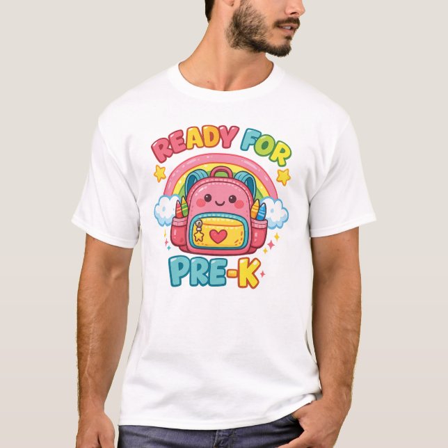 Camiseta Pronto para o Pré-Escolar Arco-íris de Volta às Au (Frente)