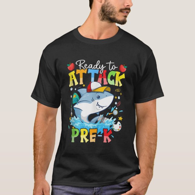 Camiseta Prontos Para Atacar O Tubarão Pré-K De Volta Para  (Frente)
