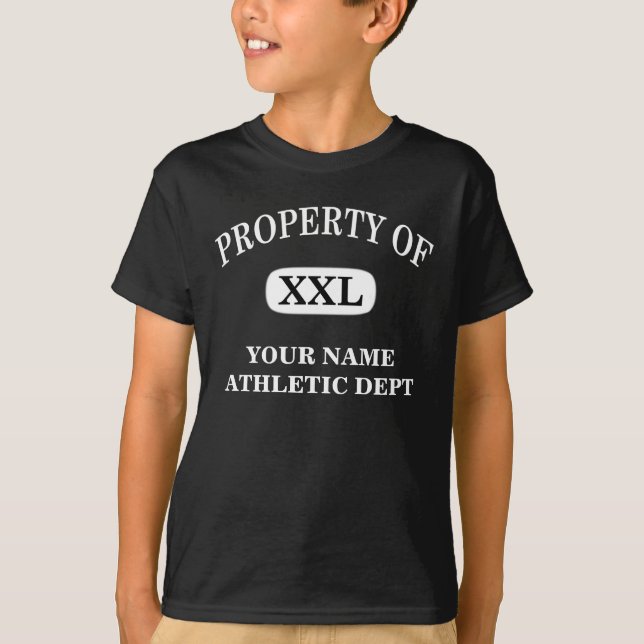Camiseta Propriedade de XXL Seu Nome Crianças Unisex Preto (Frente)