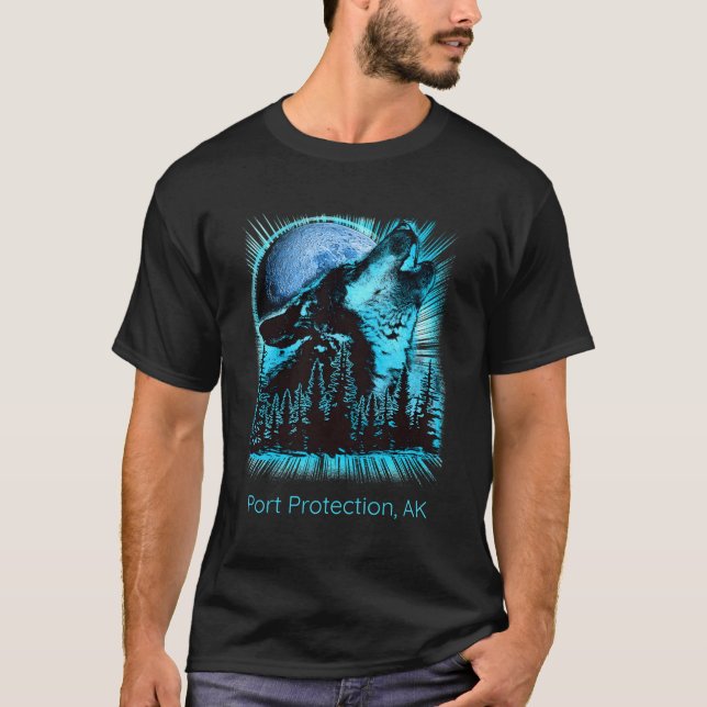 Camiseta Proteção de Portos Alaska Howling Wolf Moon Forest (Frente)