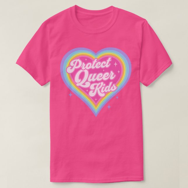 Camiseta Proteger Crianças Queer Retro Arco-Íris Coração LG (Frente do Design)