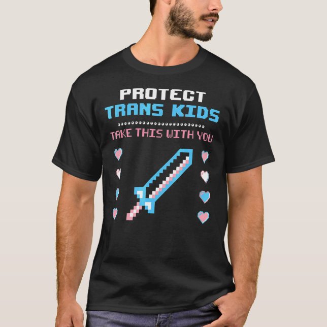 Camiseta Proteger Crianças Trans 8 Bits Orgulho de Espada L (Frente)