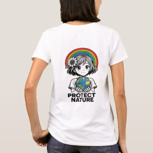 Camiseta 🌈 "Proteja a Terra – Garota Anime Segurando o Pla