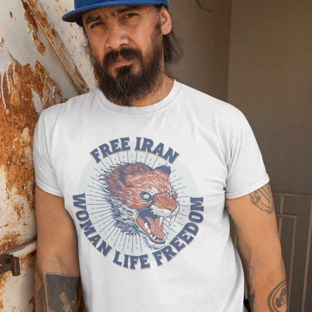 Camiseta Protesto Livre no Irã | Azul-Leão Irritado (Free Iran Protest | Angry Lion Blue T-Shirt)