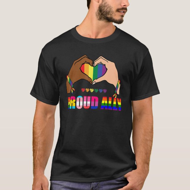 Camiseta Proud Ally Rainbow Hand Heart Gay Trans Lesbian LG (Frente)