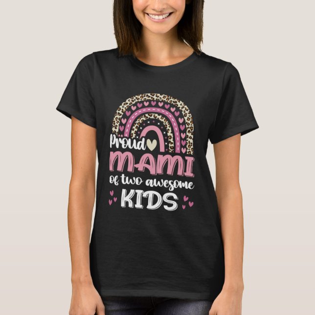 Camiseta Proud Mami Of Two Awesome Kids Leopard Rainbow Mom (Frente)