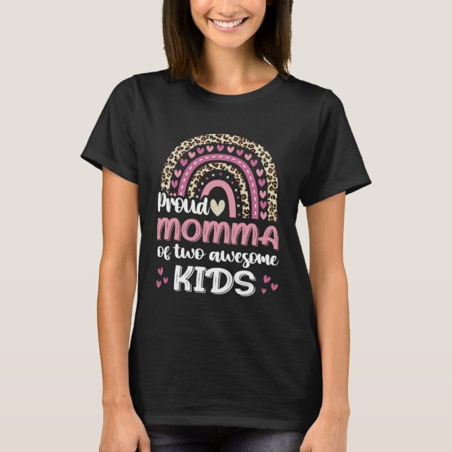 Camiseta Proud Momma Of Two Awesome Kids Leopard Rainbow Mo (Frente)