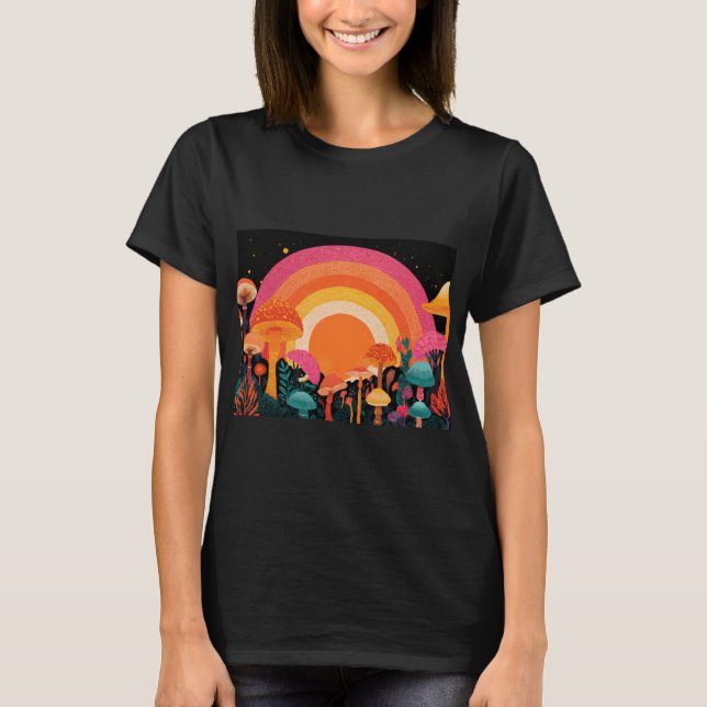 Camiseta Psychedelic Mushroom Sunset – Retro Fantasy Nature (Frente)