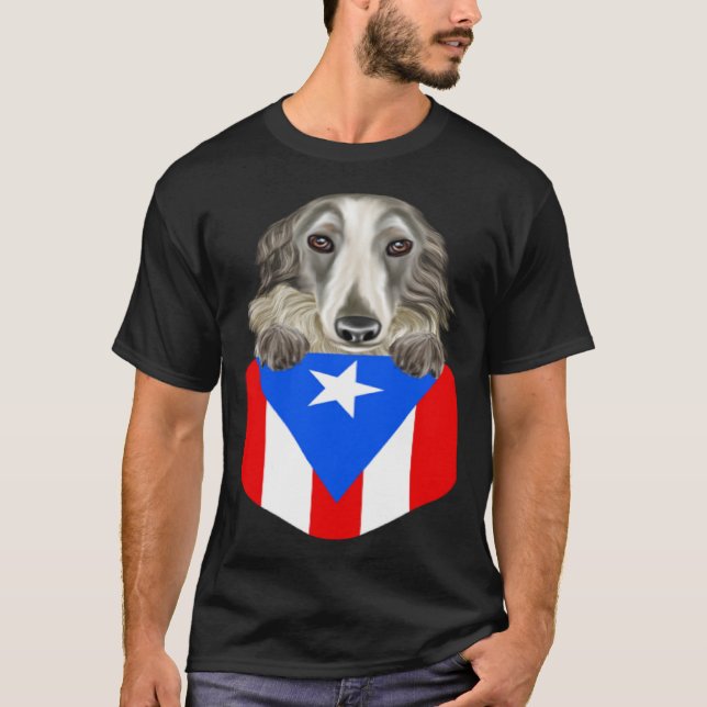 Camiseta Puerto Rico Flag Borzoi Dog In Pocket (Frente)