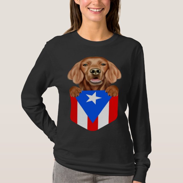 Camiseta Puerto Rico Flag Irish Setter Dog In Pocket (Frente)