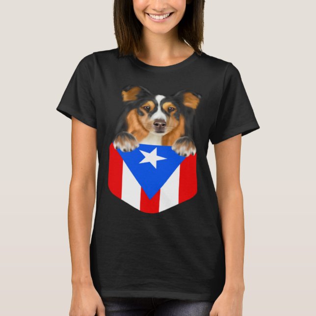 Camiseta Puerto Rico Flag Shetland Sheepdog Dog In Pocket (Frente)