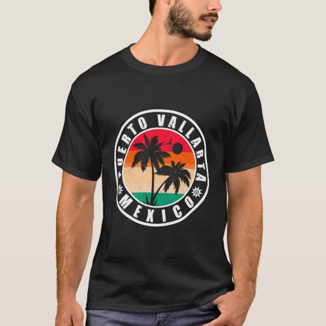 Camiseta Puerto Vallarta Palm Tree Retro 80s Planície Mexic (Frente)