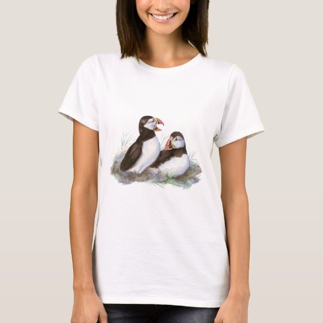 Camiseta Puffins Cujos, Pássaro Oceânico, Praia, Natureza (Frente)