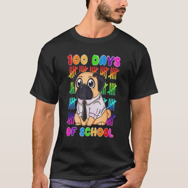 Camiseta Pug 100 Dias da Escola 100º Dia de Meninos Escolar (Frente)