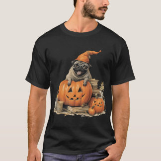 Camiseta Pug Abóbora Halloween Retro Livros Antigos