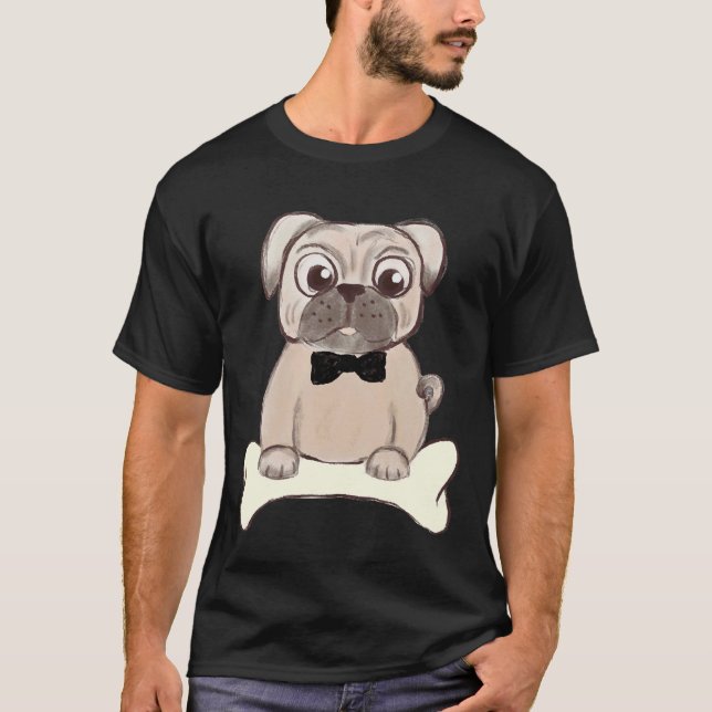 Camiseta Pug Adorável com Gravata Borboleta Preta Ilustraçã (Frente)