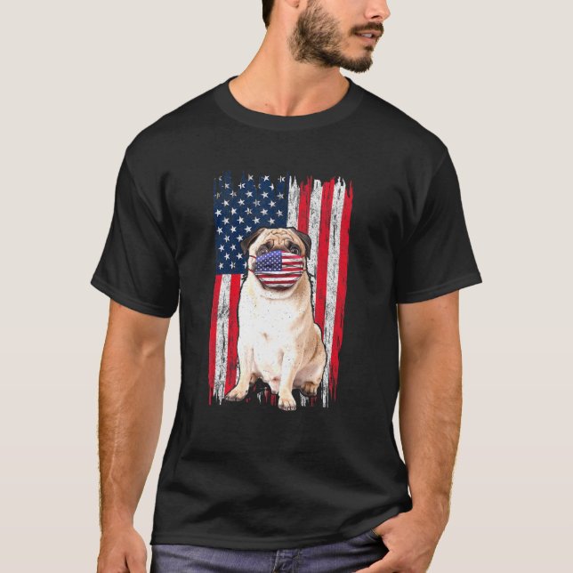 Camiseta Pug American Flag Dog Veste A Máscara 4 De Julho (Frente)