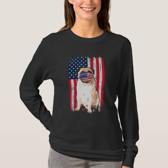 Camiseta Pug American Flag Dog Veste A Máscara 4 De Julho (Frente)