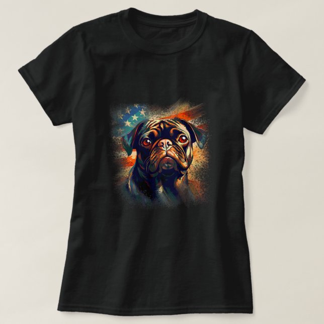 Camiseta Pug Americano com Bandeira no fundo Patriótico (Frente do Design)